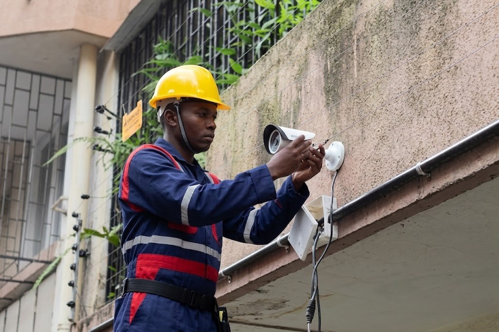 Technician installing CCTV for retail and commercial security