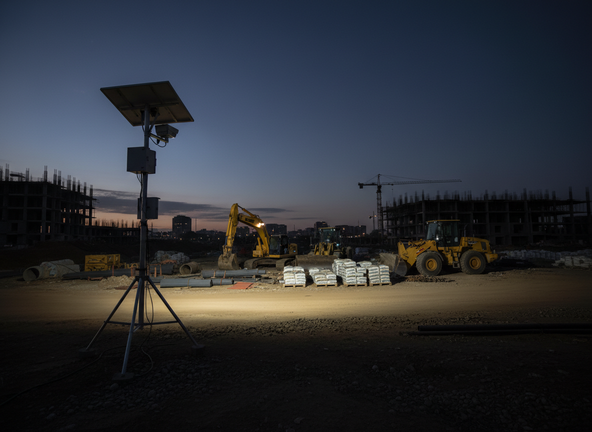 Construction site security lighting and surveillance setup